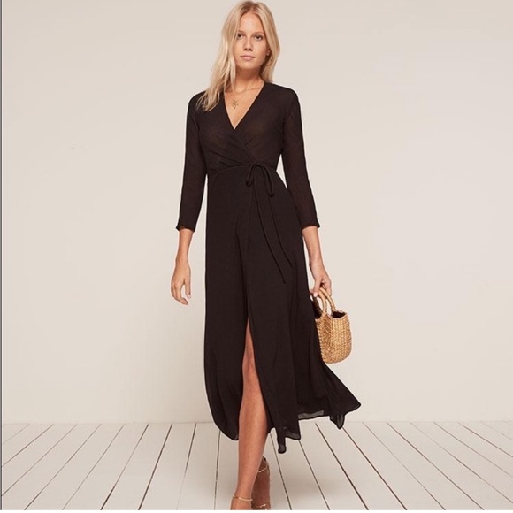 NEW • Reformation • Tessa Long Sleeve MIDI Wrap Dress Black XS Womens - Picture 2 of 5